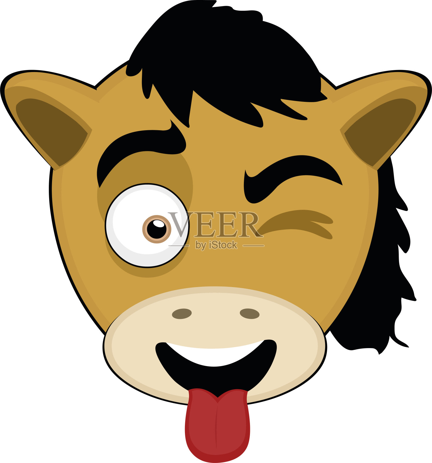 矢量表情图卡通马的头与快乐的表情，眨眼和伸出他的舌头与他的嘴张开插画图片素材