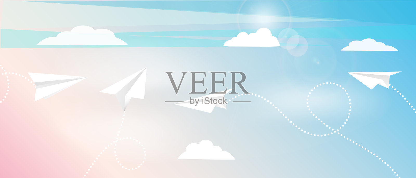 飞机在天空中的云和光之间飞行。图案模型设计与白色的纸飞机插画图片素材