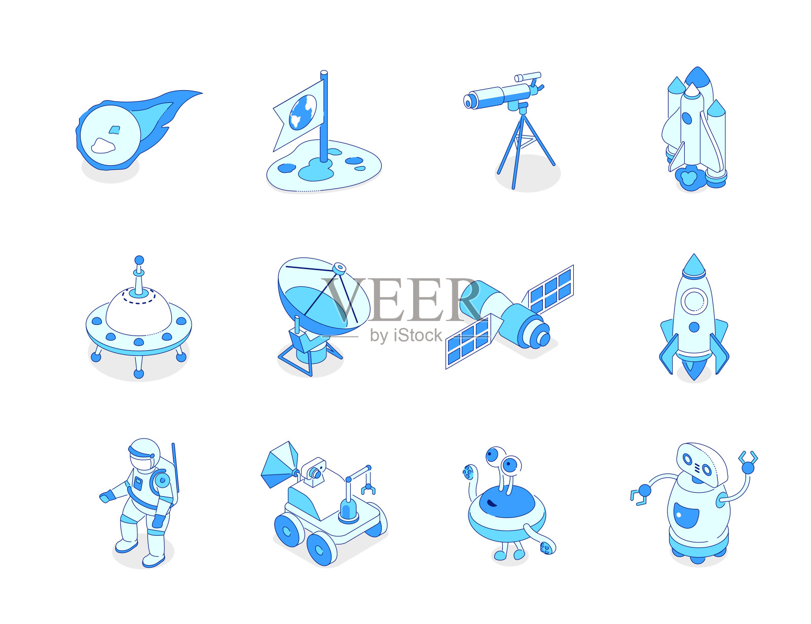 空间探索-现代线等距图标设置插画图片素材