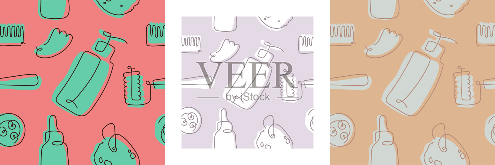 化妆品无缝模式。自我护理和身体护理直线图标。向量美容装饰。插画图片素材