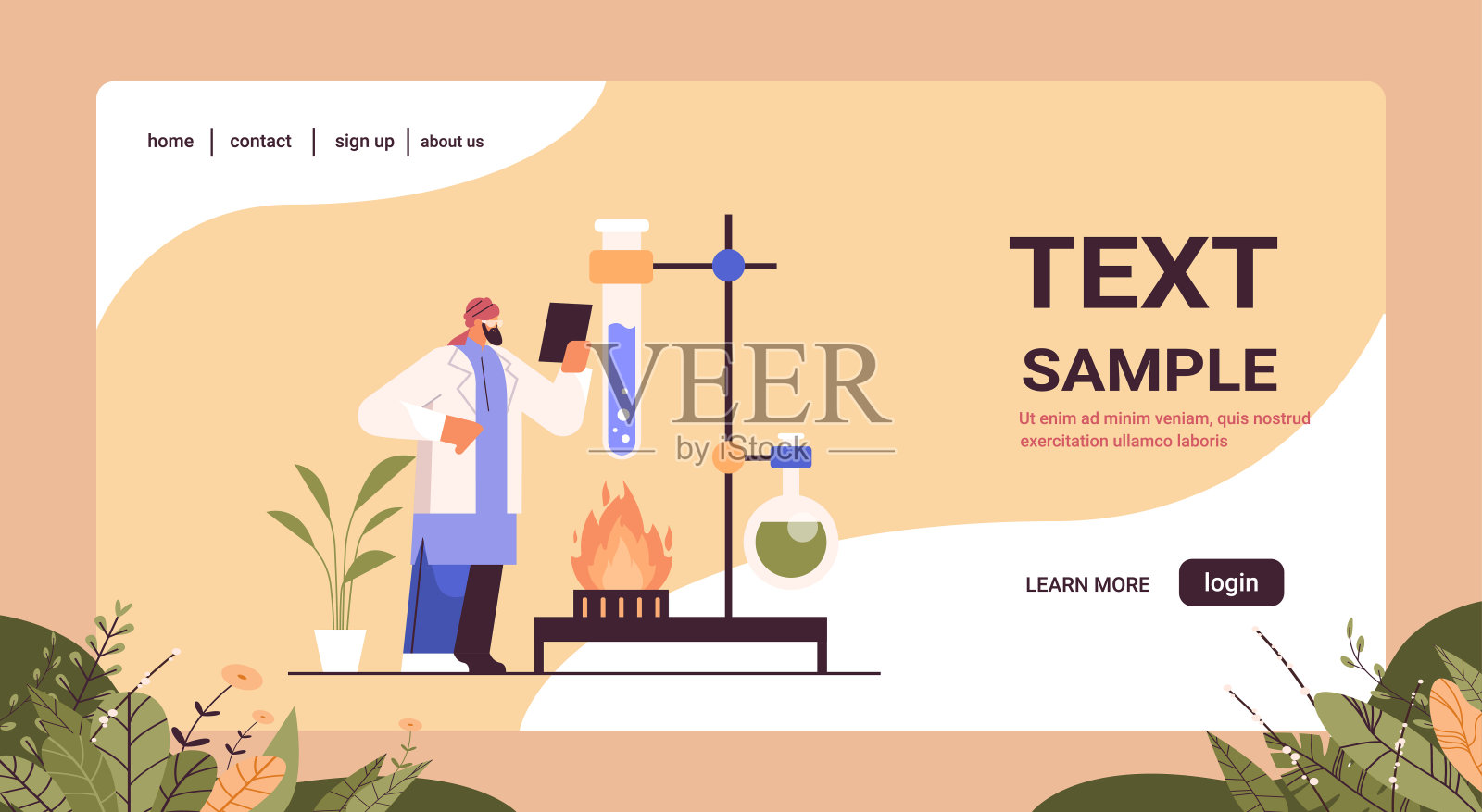 阿拉伯研究科学家，与试管研究员一起在实验室做化学实验插画图片素材