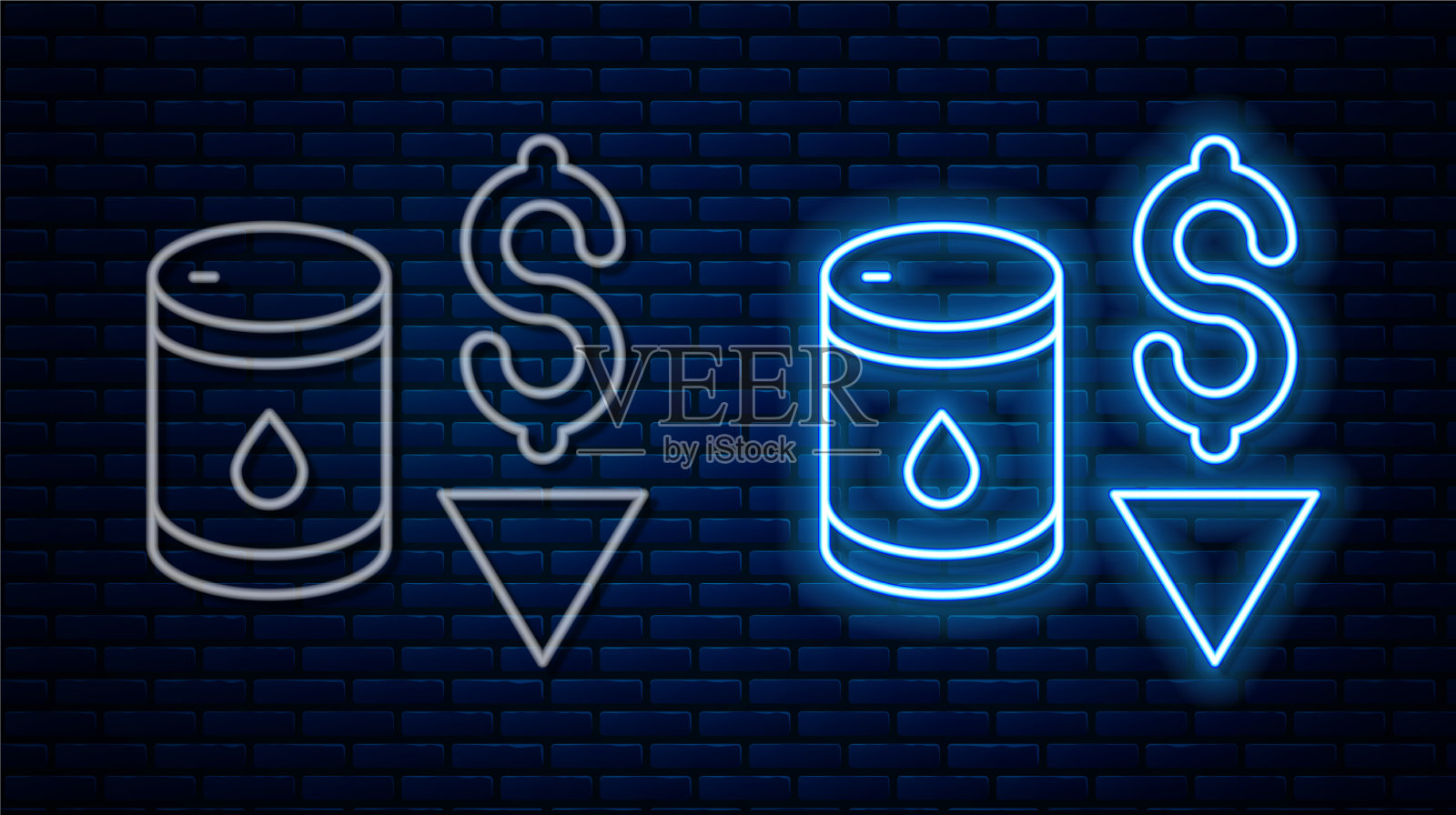 发光的霓虹灯线下降的原油价格图标插画图片素材