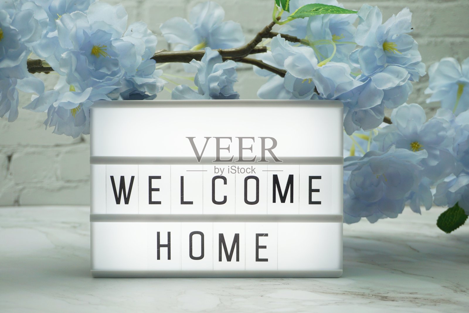 欢迎回家字灯箱与鲜花装饰照片摄影图片