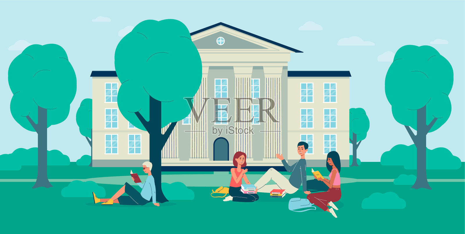 学生们拿着课本坐在草地上插画图片素材