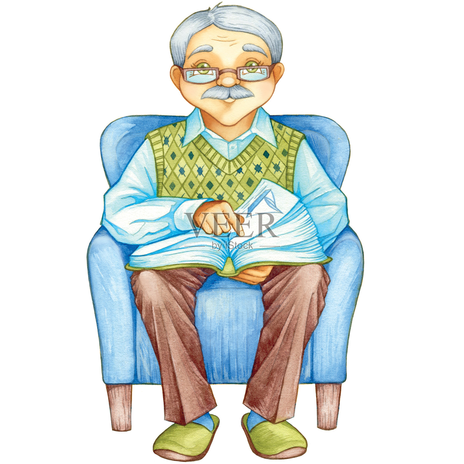 爷爷爷爷坐在一张蓝色的扶手椅上，手里拿着一本书，是卡通画、可爱的插画、水彩画、小孩画的人插画图片素材