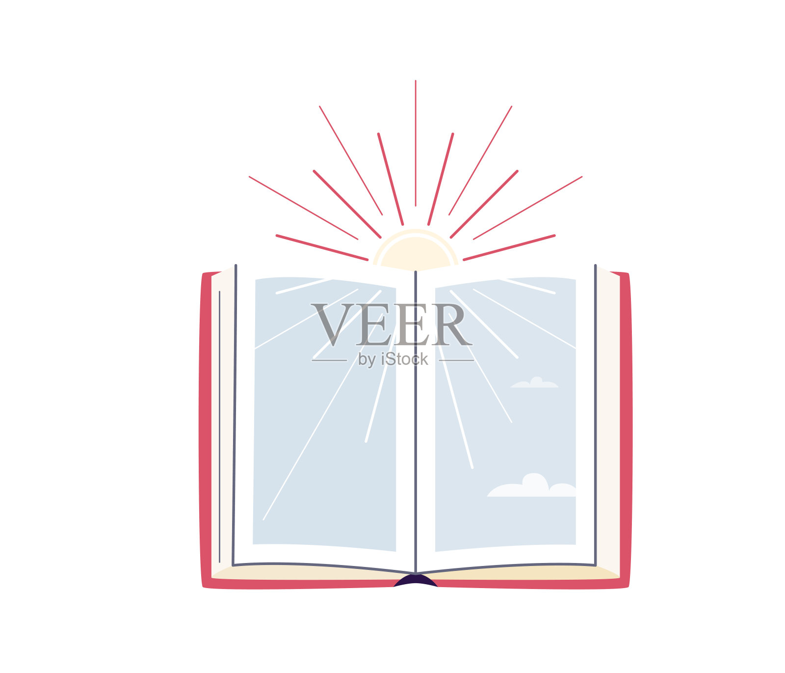 阅读概念向量背景。翻开书，阳光照在后面，阳光照在天空，白云隔离在白色上。图书馆、书店设计插图以简单的卡通扁平化风格插画图片素材