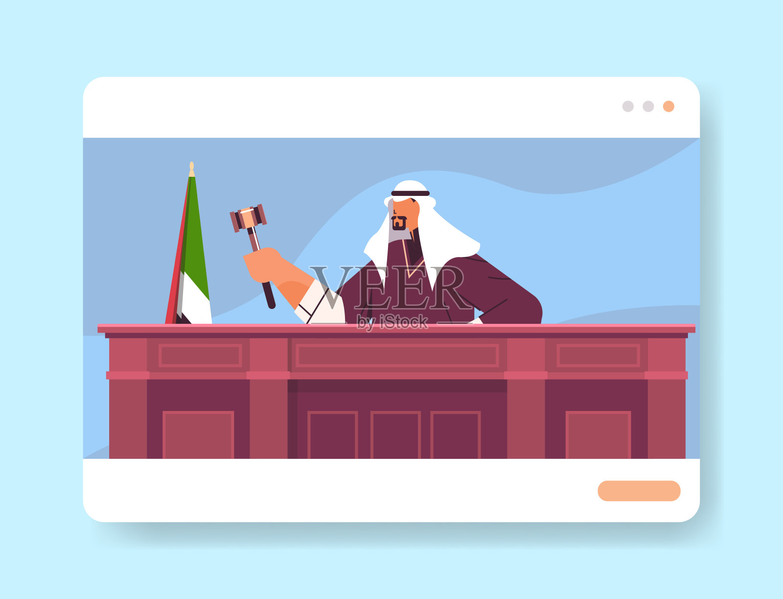 阿拉伯法官、律师、检察官身穿制服，手持小木槌坐在办公场所的网上法庭开庭审理法律程序插画图片素材