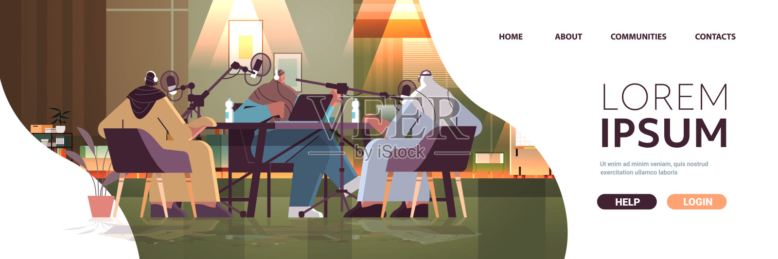 阿拉伯播客对着麦克风录音播客在工作室播客在线广播概念插画图片素材