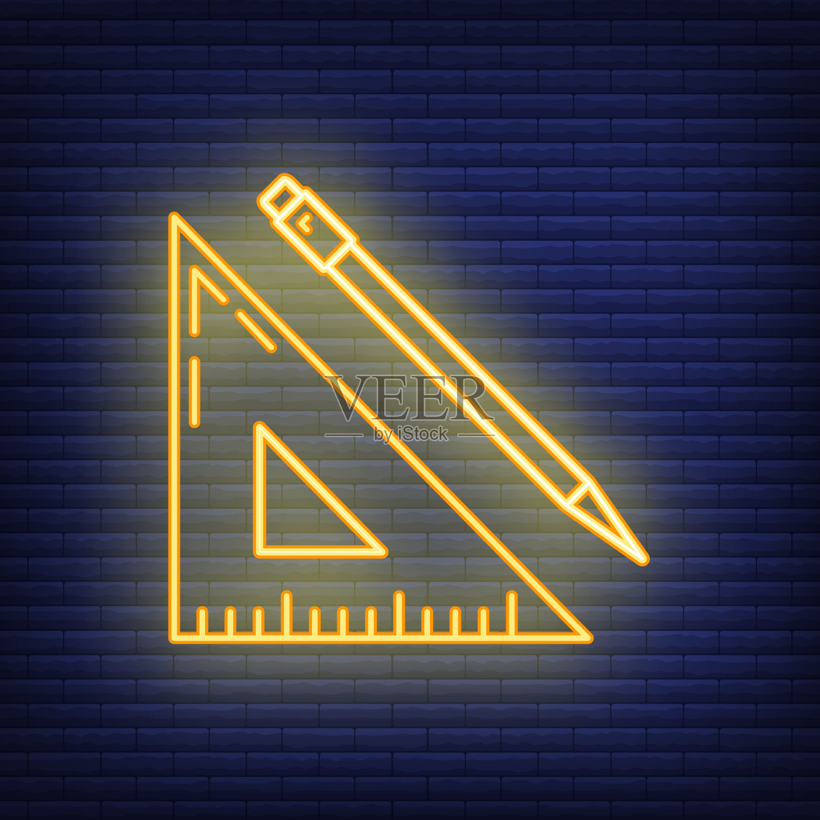 木尺铅笔图标辉光霓虹灯风格，教育机构过程，回校轮廓平面矢量插图，孤立上黑色。插画图片素材