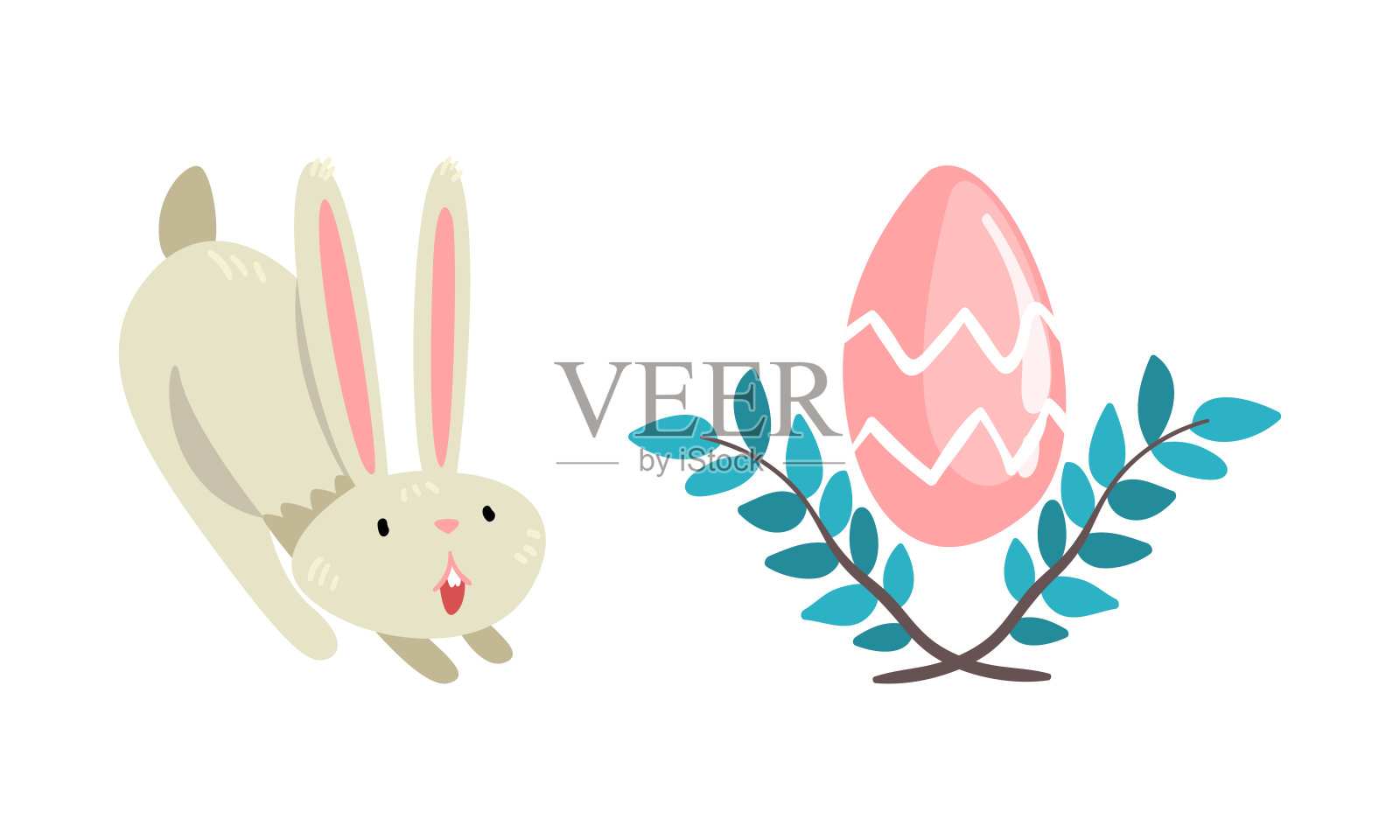 有趣的复活节兔子与长耳朵和灰色外套装饰的蛋向量集插画图片素材