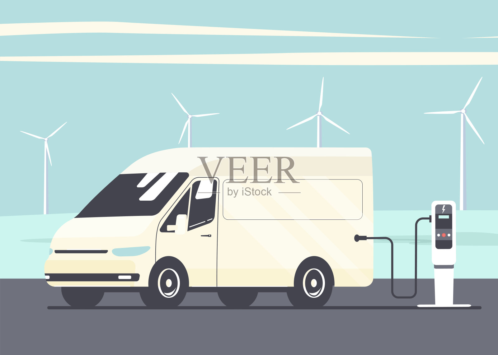 电动货车的背景是抽象的景观和风力涡轮机。矢量平面风格插图。插画图片素材