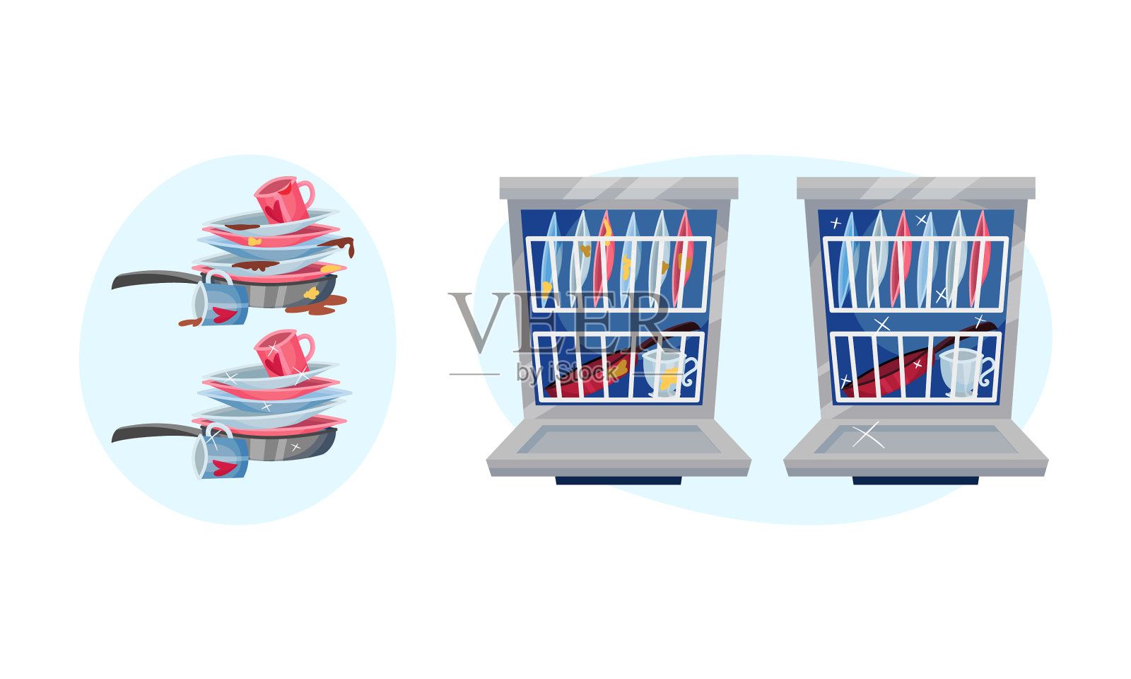 把干净和脏的餐具堆在一起插画图片素材