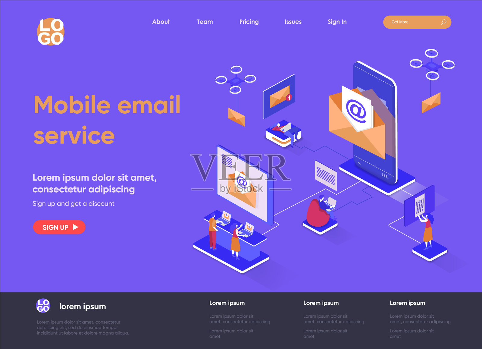 移动电子邮件服务等距着陆页面插画图片素材
