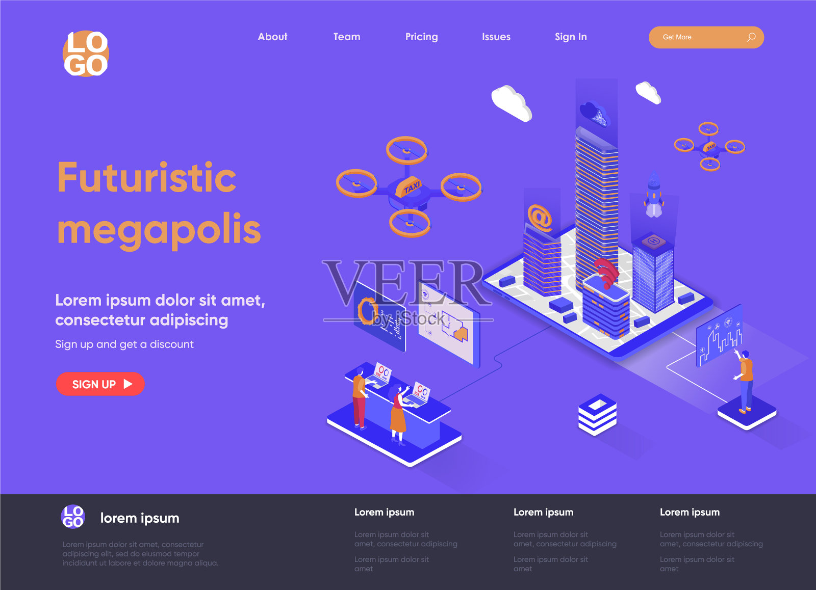 未来的大都市等距登陆页面设计插画图片素材