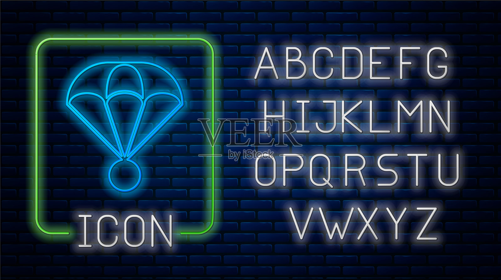 发光的霓虹灯降落伞图标孤立在砖墙插画图片素材