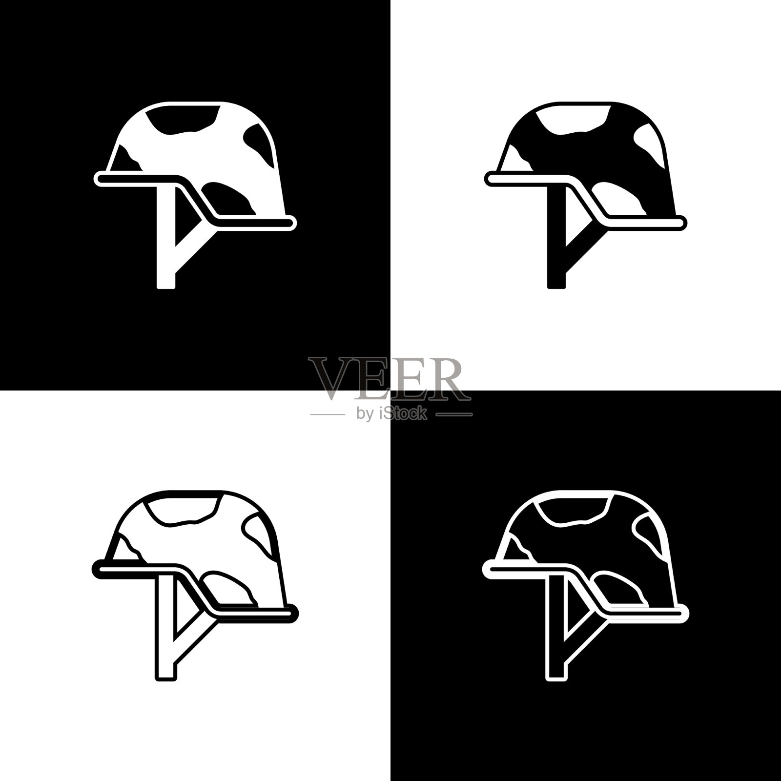 设置军事头盔图标孤立在黑色和图标素材