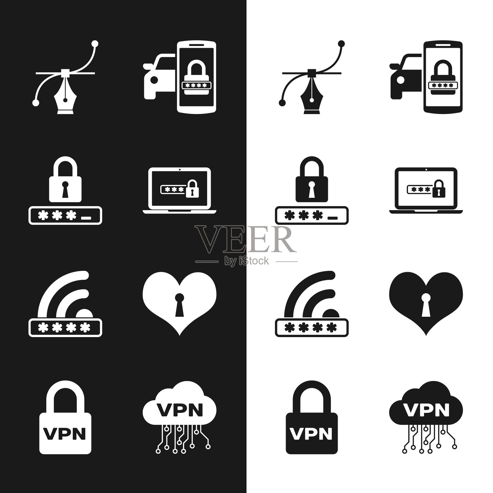 设置笔记本电脑密码，密码保护，贝塞尔曲线，智能汽车安全系统，Wifi锁定和心脏钥匙孔图标。向量图标素材