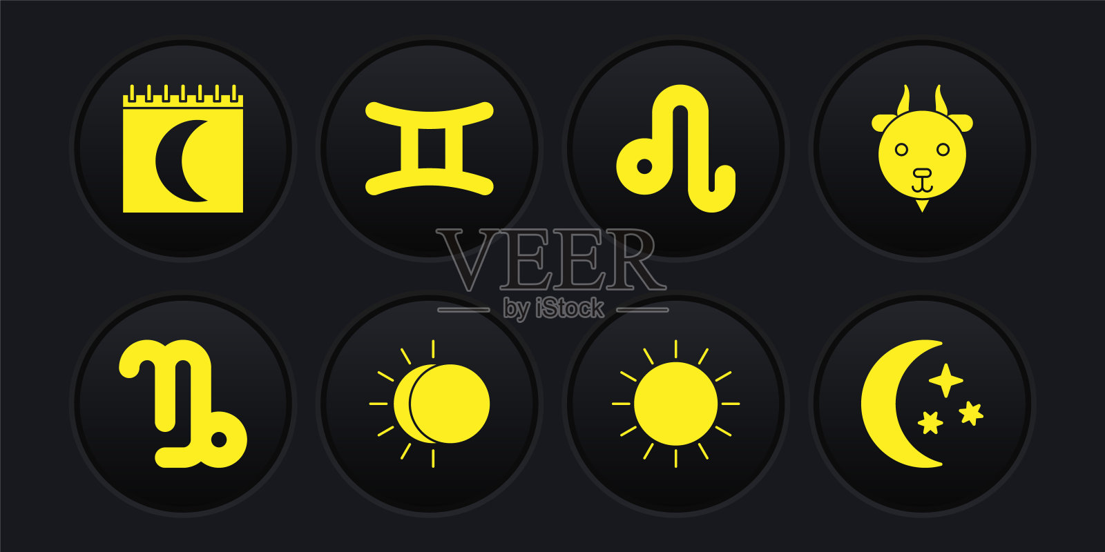 设置摩羯座的黄道，白羊座，日蚀，太阳，狮子座，双子座，月亮和星星和相位日历图标。向量图标素材