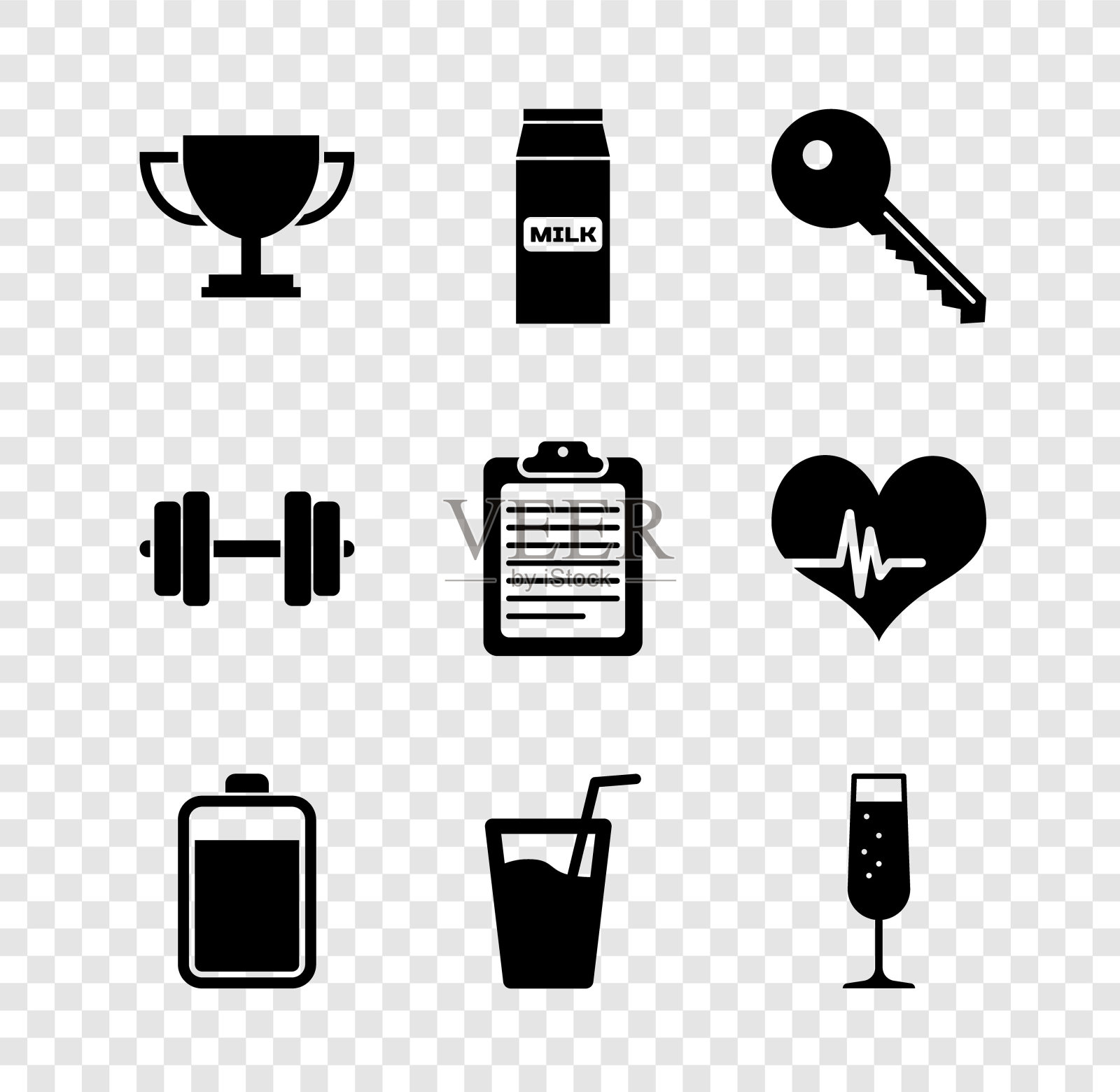 设置奖杯，纸包装的牛奶，钥匙，电池，玻璃与水和香槟图标。向量图标素材