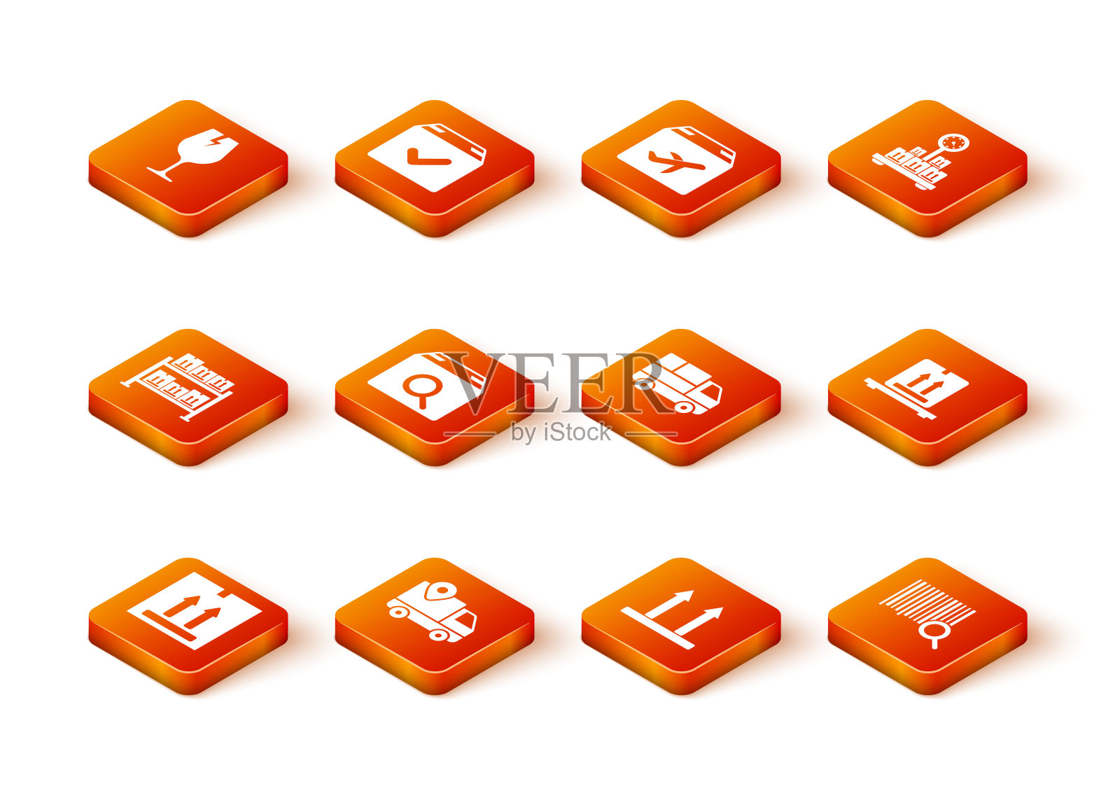 设置纸箱与交通，交货跟踪，仓库，搜索包，这一面向上，卡车箱子，条形码和托盘图标。向量图标素材