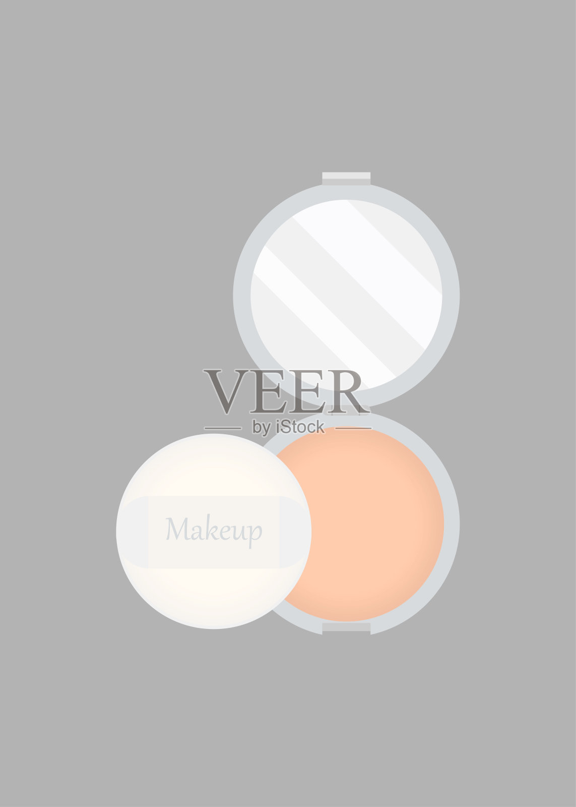 面对化妆品。向量脸粉与枕头在圆灰色，紧凑容器孤立在灰色背景。女子装饰性化妆品。化妆。插画图片素材