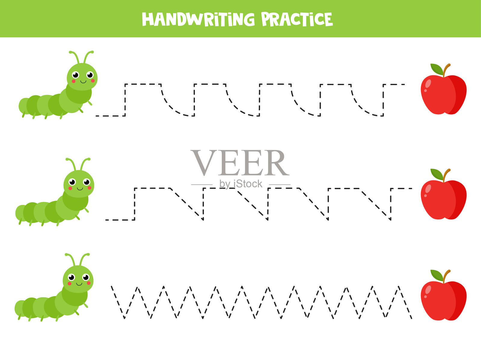 画着卡通毛毛虫和苹果的线条。写作练习。插画图片素材