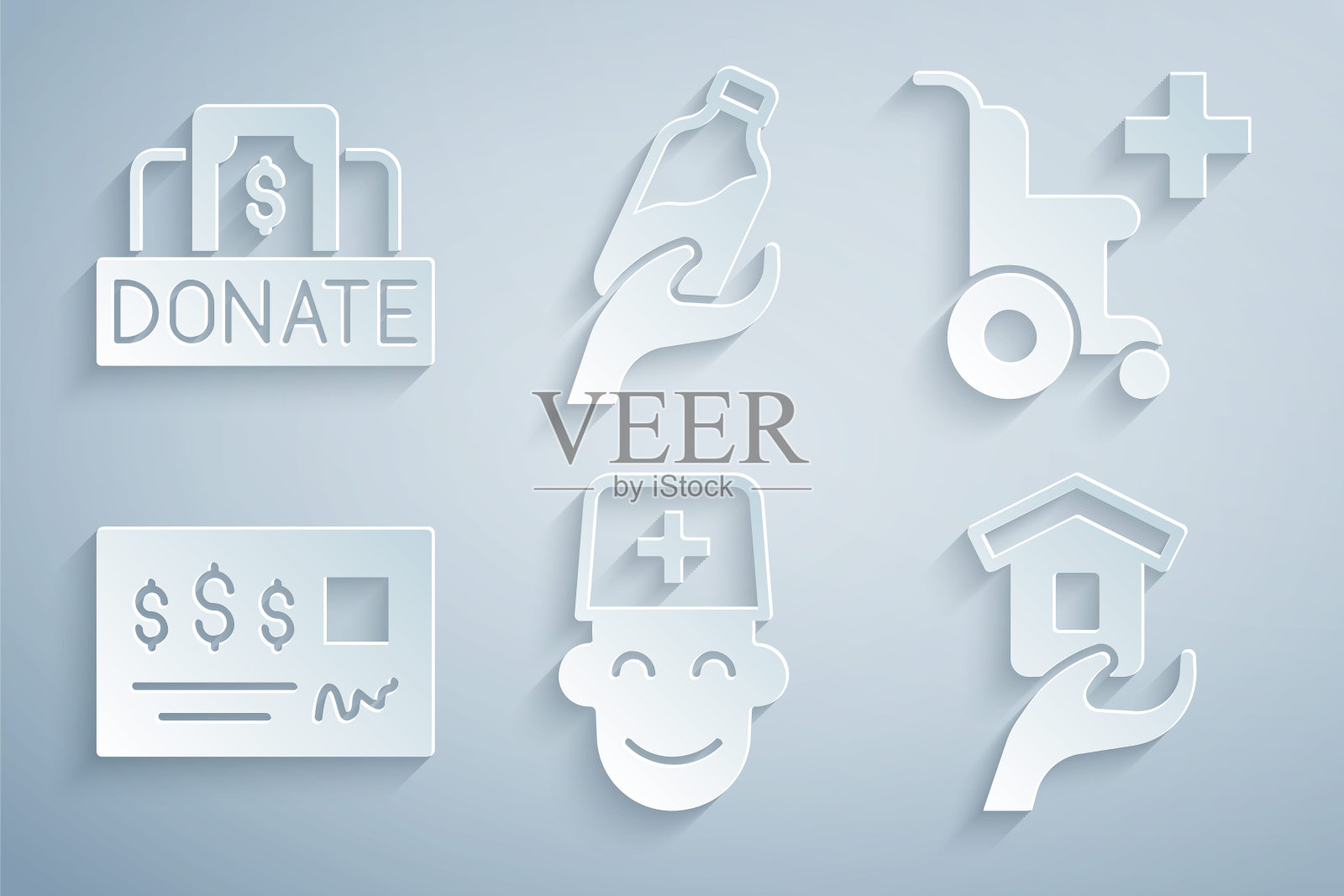 设置男医生，残疾人轮椅，银行支票，收容无家可归者，捐赠水和慈善图标。向量图标素材