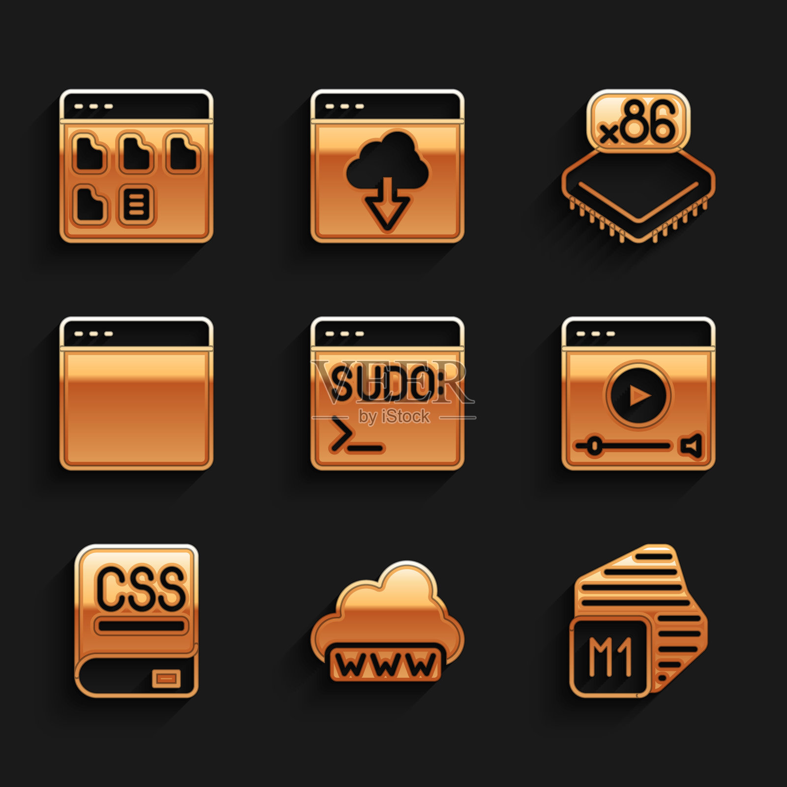 设置代码终端，Web开发，处理器，在线播放视频，编程书籍，浏览器窗口，带有微电路CPU和文件图标。向量图标素材