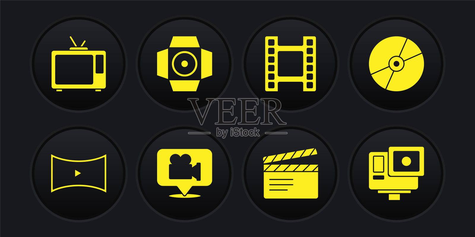 设置在线播放视频，CD或DVD磁盘，相机和位置，电影拍板，播放视频，聚光灯，行动极端相机和复古电视图标。向量图标素材