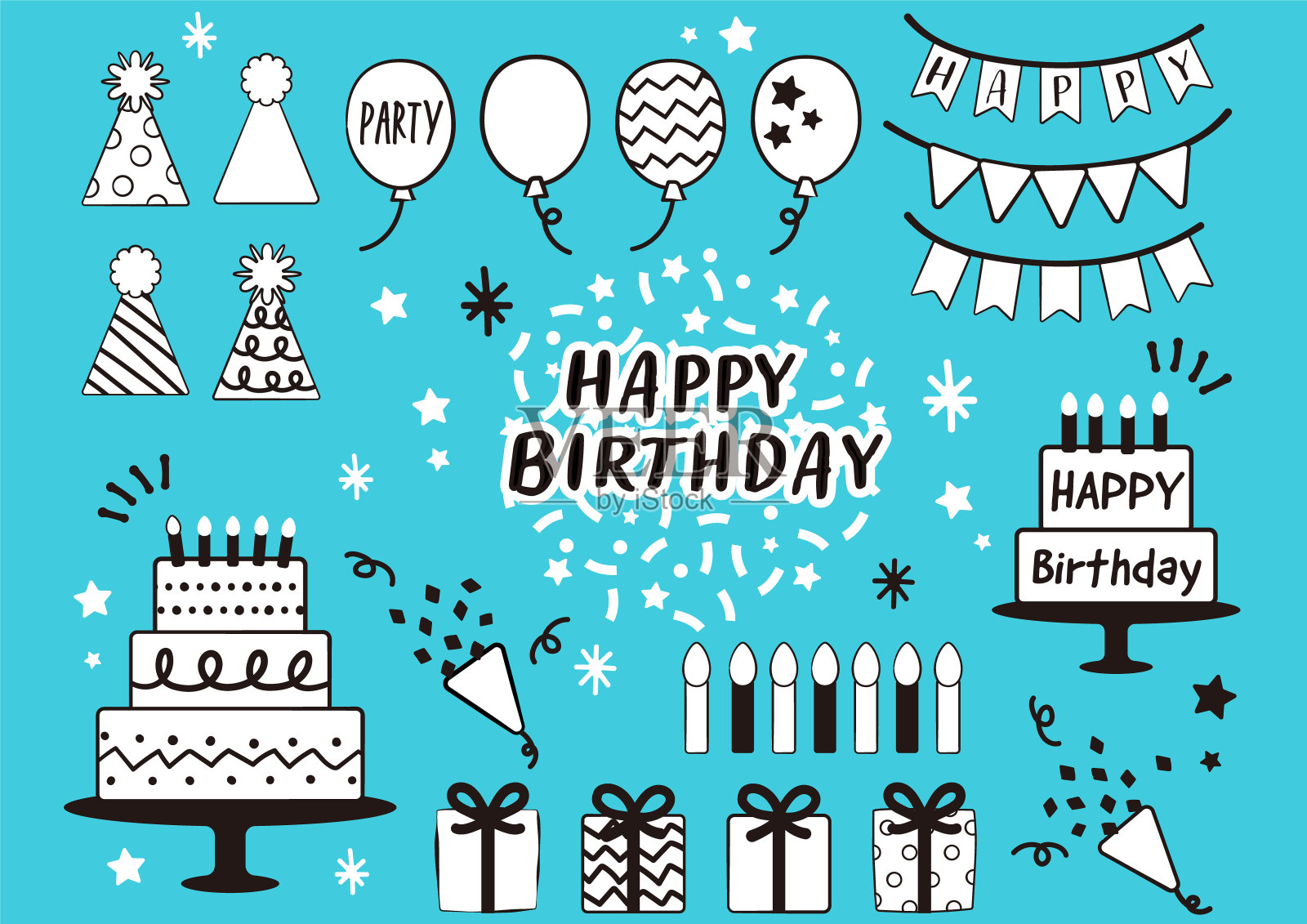 集生日派对设计元素。矢量插图。派对装饰，气球，礼品盒，蜡烛蛋糕，五彩纸屑，派对帽，纸杯蛋糕。插画图片素材