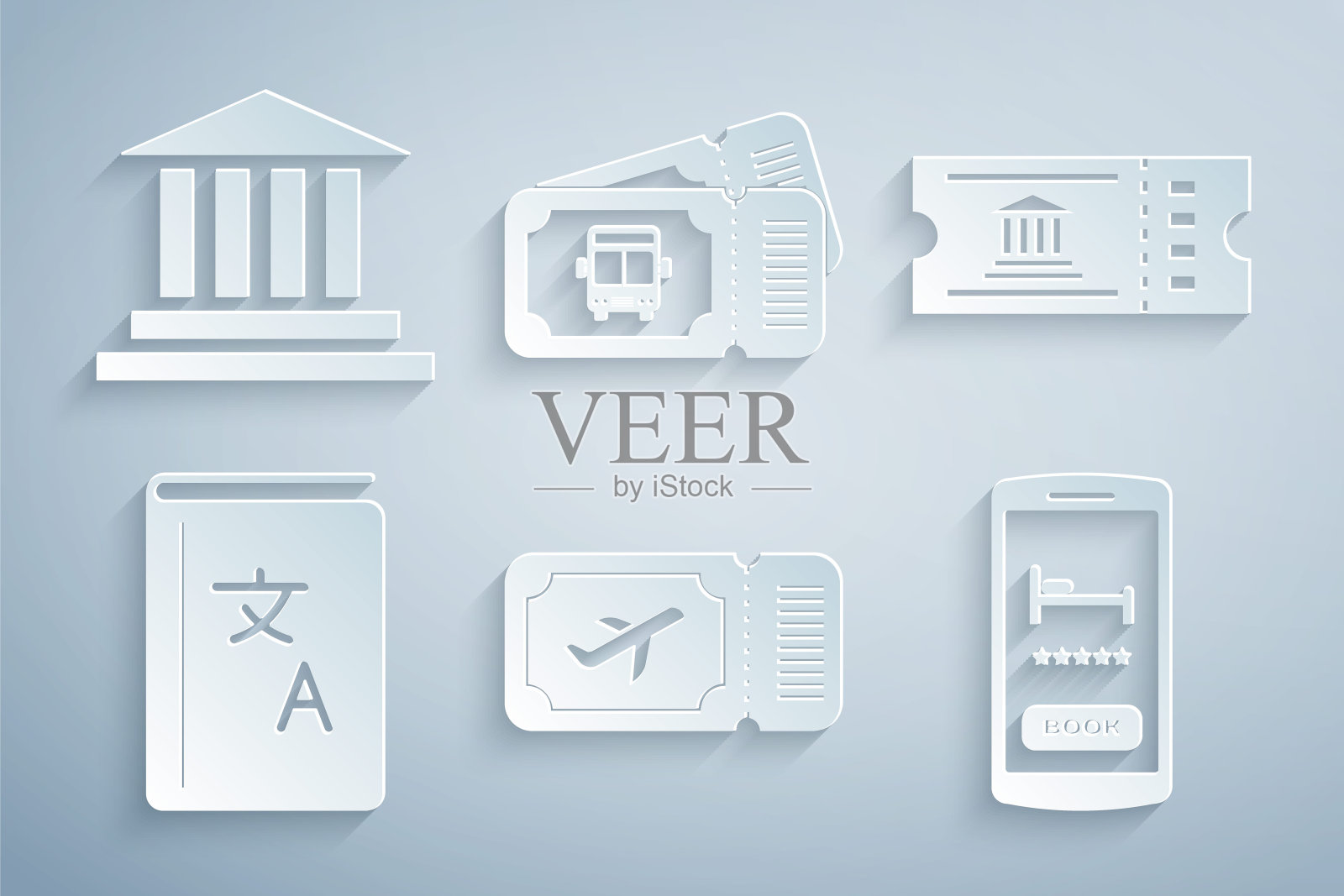 设置机票，博物馆，翻译书，在线酒店预订，巴士和建筑图标。向量图标素材