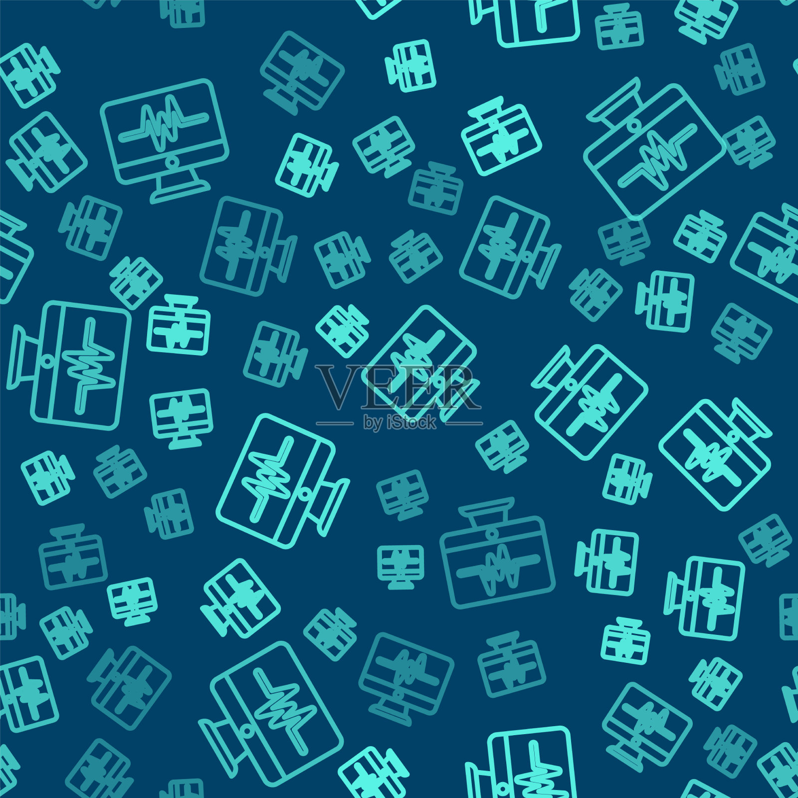 绿色线电脑显示器与心电图图标插画图片素材