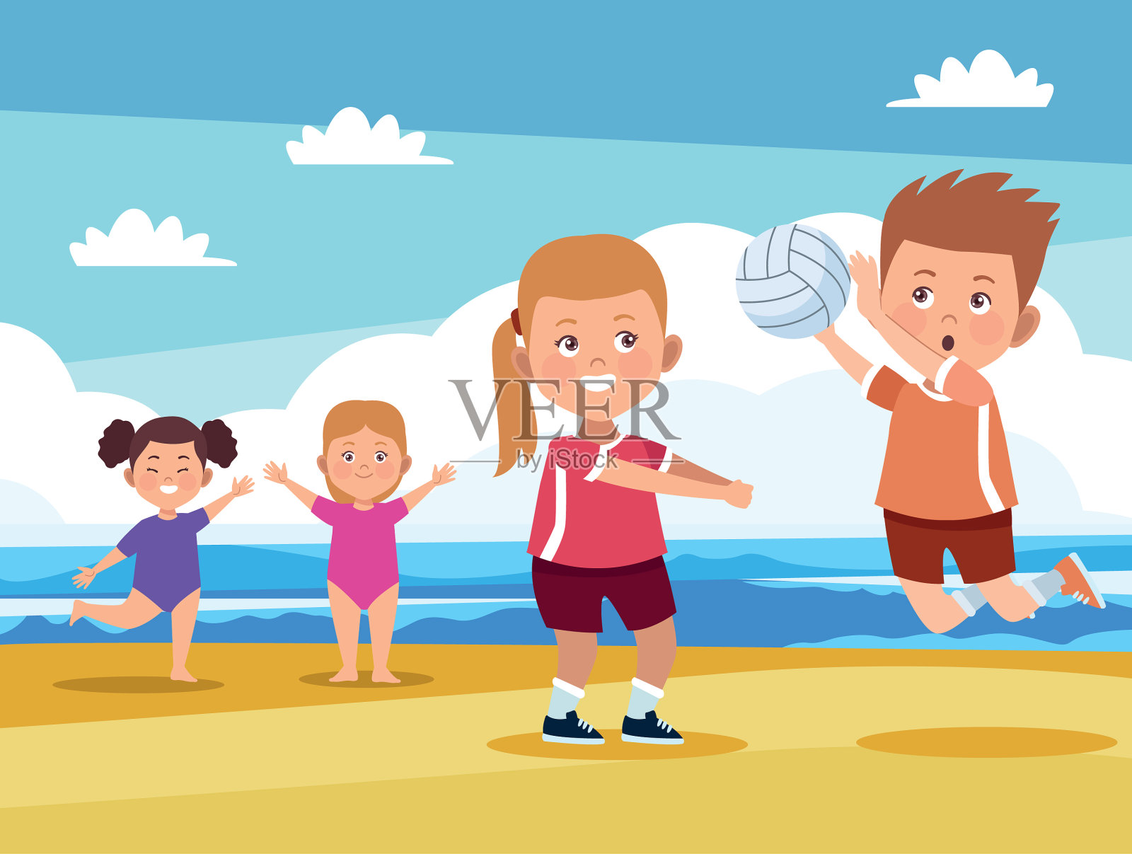 海滩上的儿童活动插画图片素材