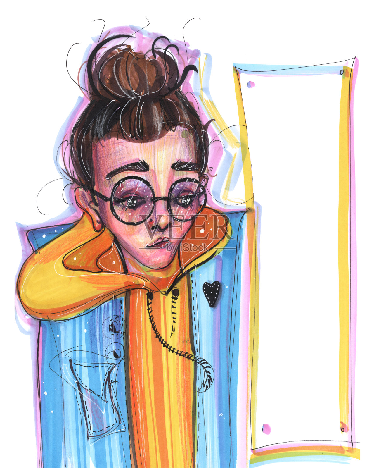 手绘素描插图女孩少年戴眼镜悲伤的潮人潮流服装孤立在白色背景和字母板照明的地方插画图片素材