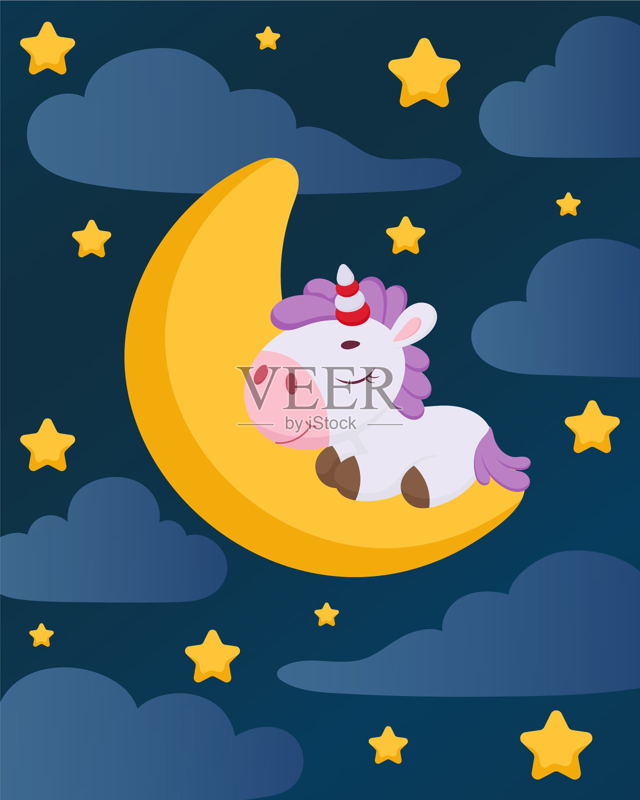 可爱神奇的独角兽晚上睡在月亮上插画图片素材