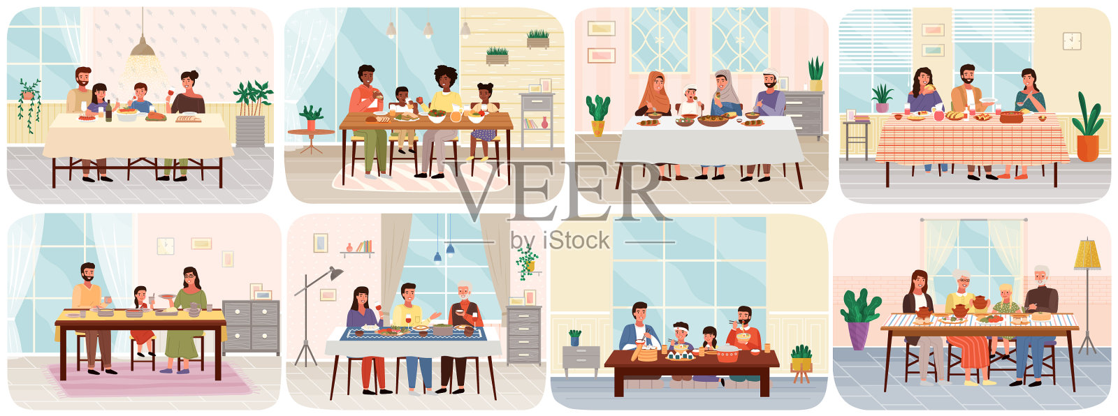 设定人们在家里吃家庭晚餐的场景插画图片素材