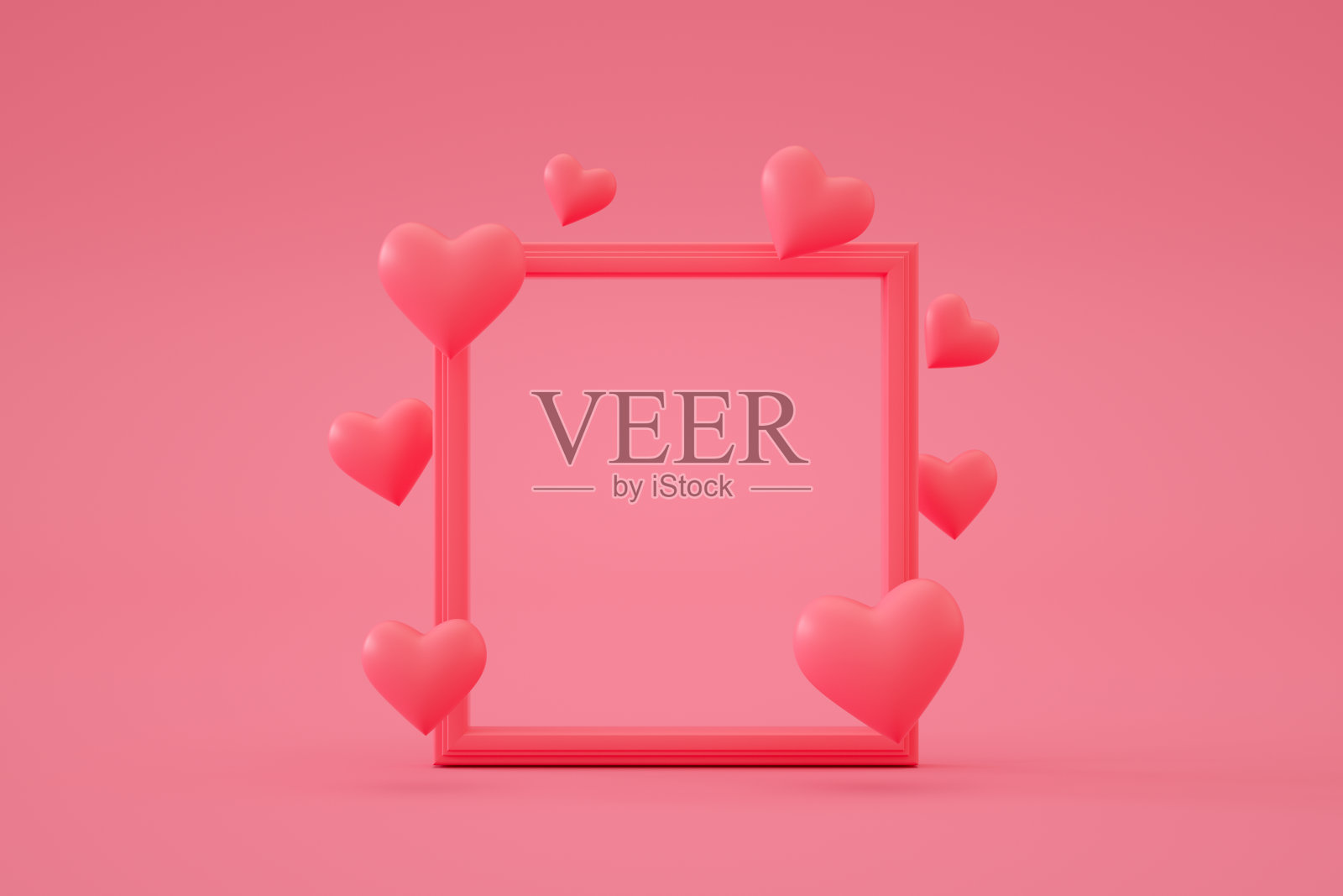 空框架与飞行的心在粉红色的背景照片摄影图片