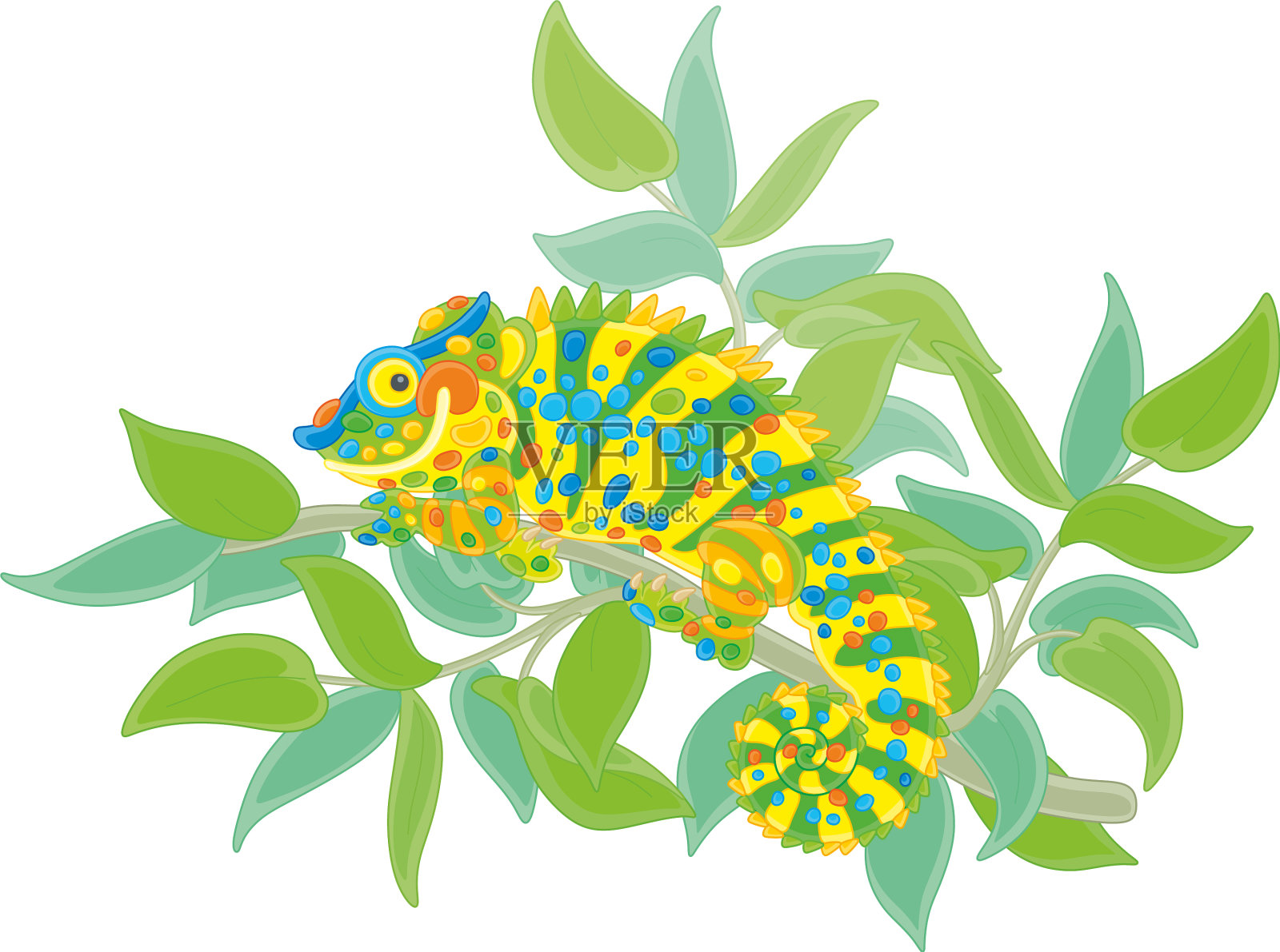 色彩斑斓的变色龙躲在热带的树上设计元素图片