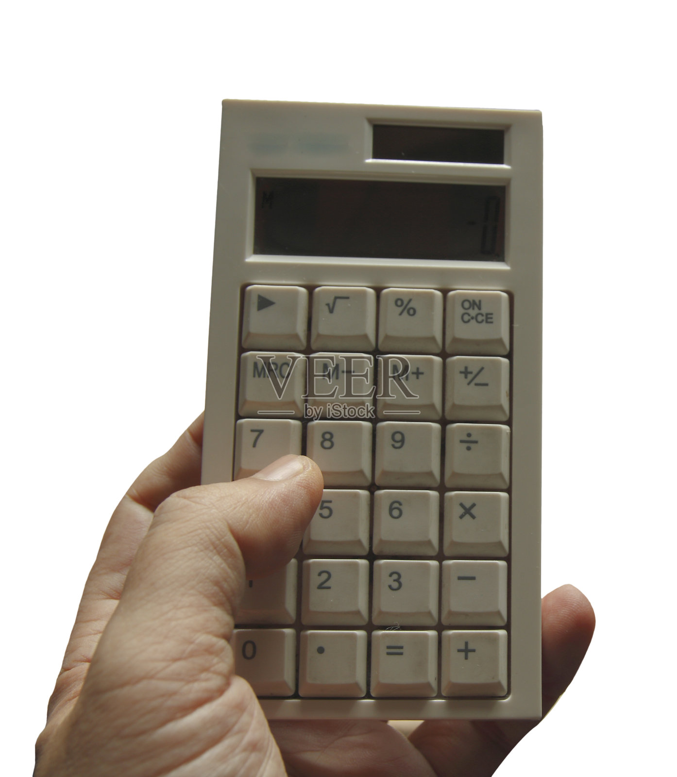 双手拿着计算器孤立在白色背景。照片摄影图片