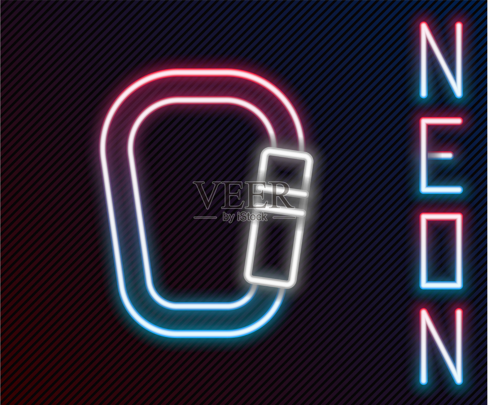 发光的霓虹灯线卡宾钩图标孤立在黑色插画图片素材