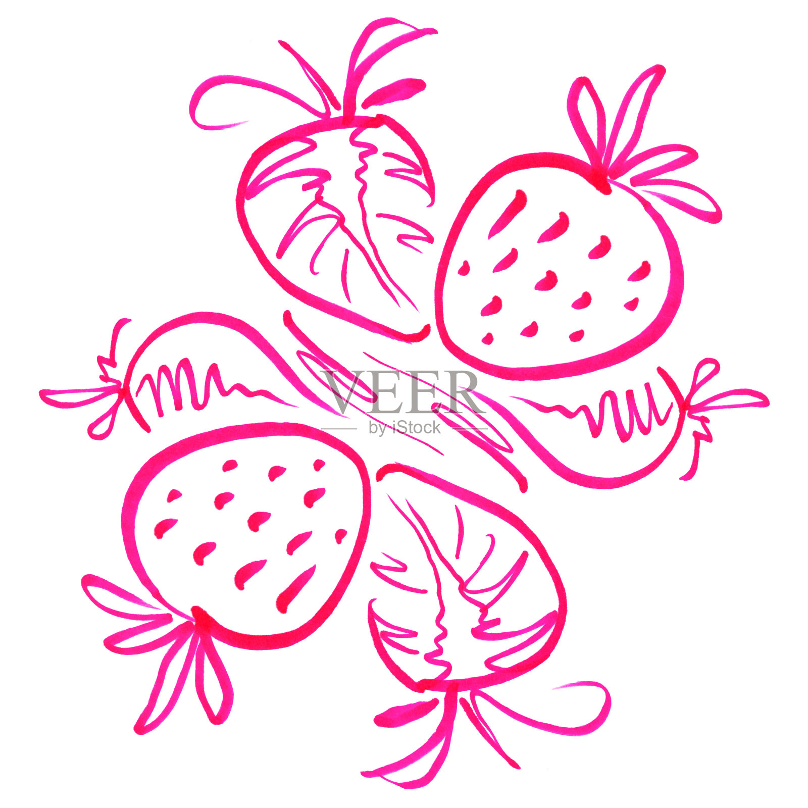 标记明亮的紫色草莓与树叶手绘线中风模式水彩水果食品插画图片素材