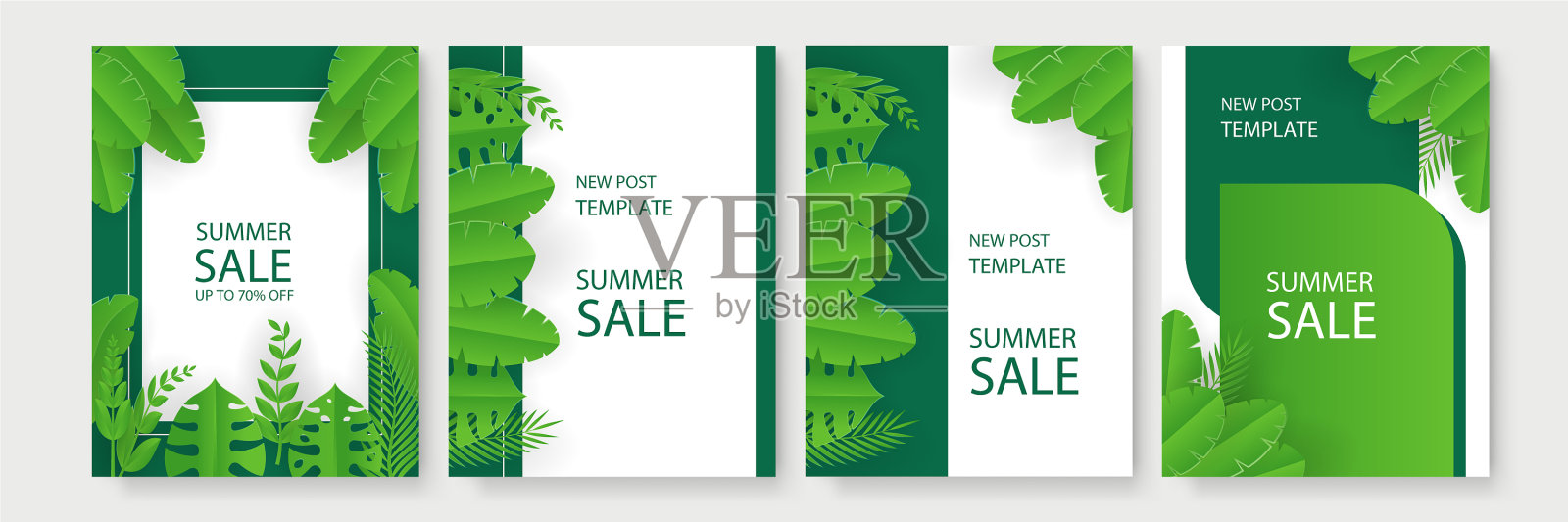 夏季销售横幅与热带剪纸树叶插画图片素材