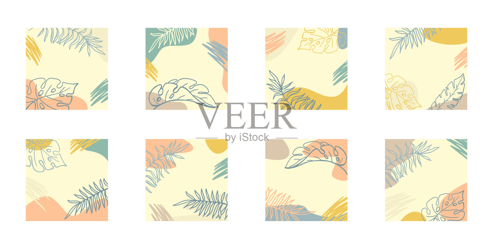 热带树叶和彩色斑点手绘插画图片素材