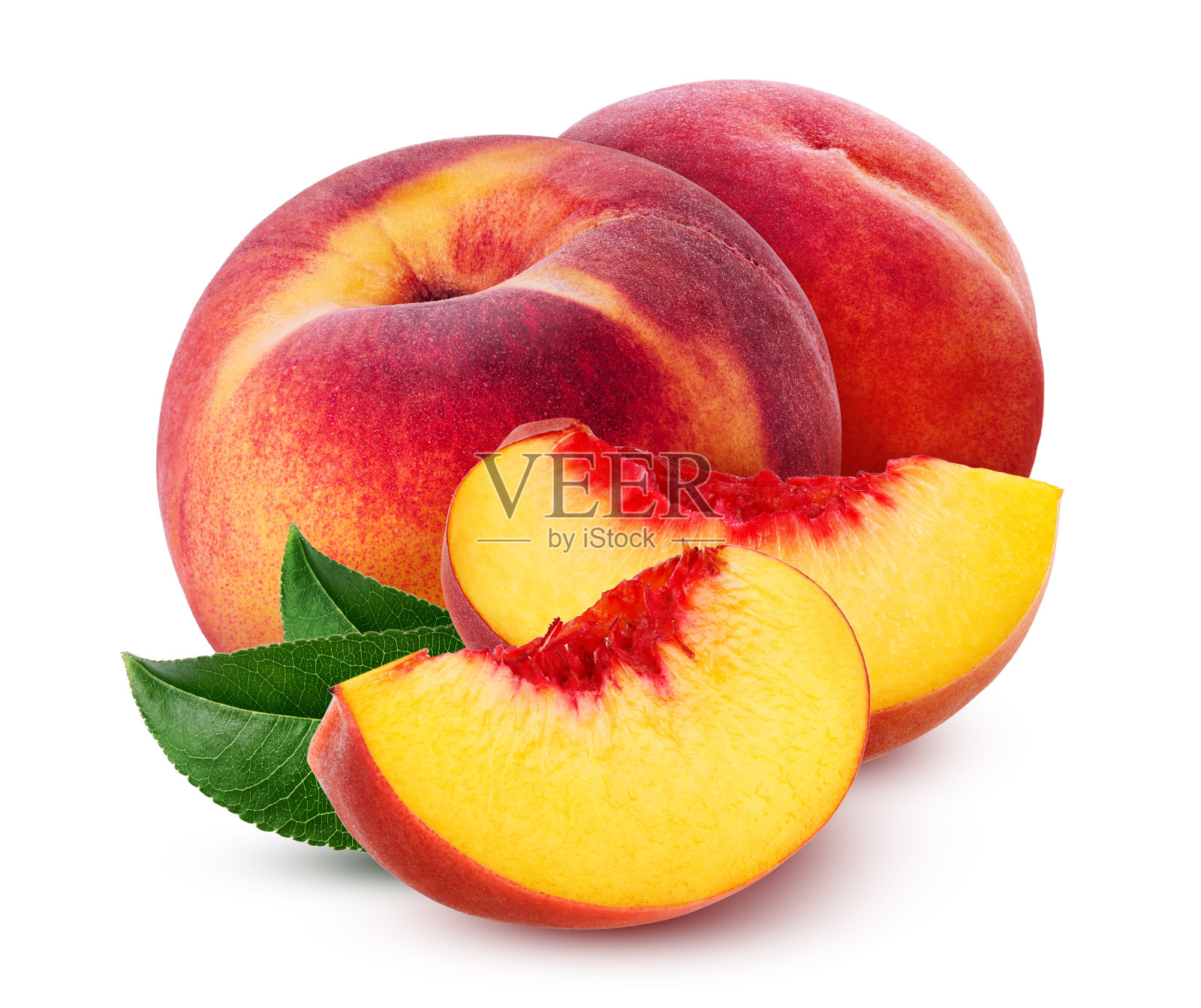 桃，叶子孤立在白色背景上，没有阴影照片摄影图片