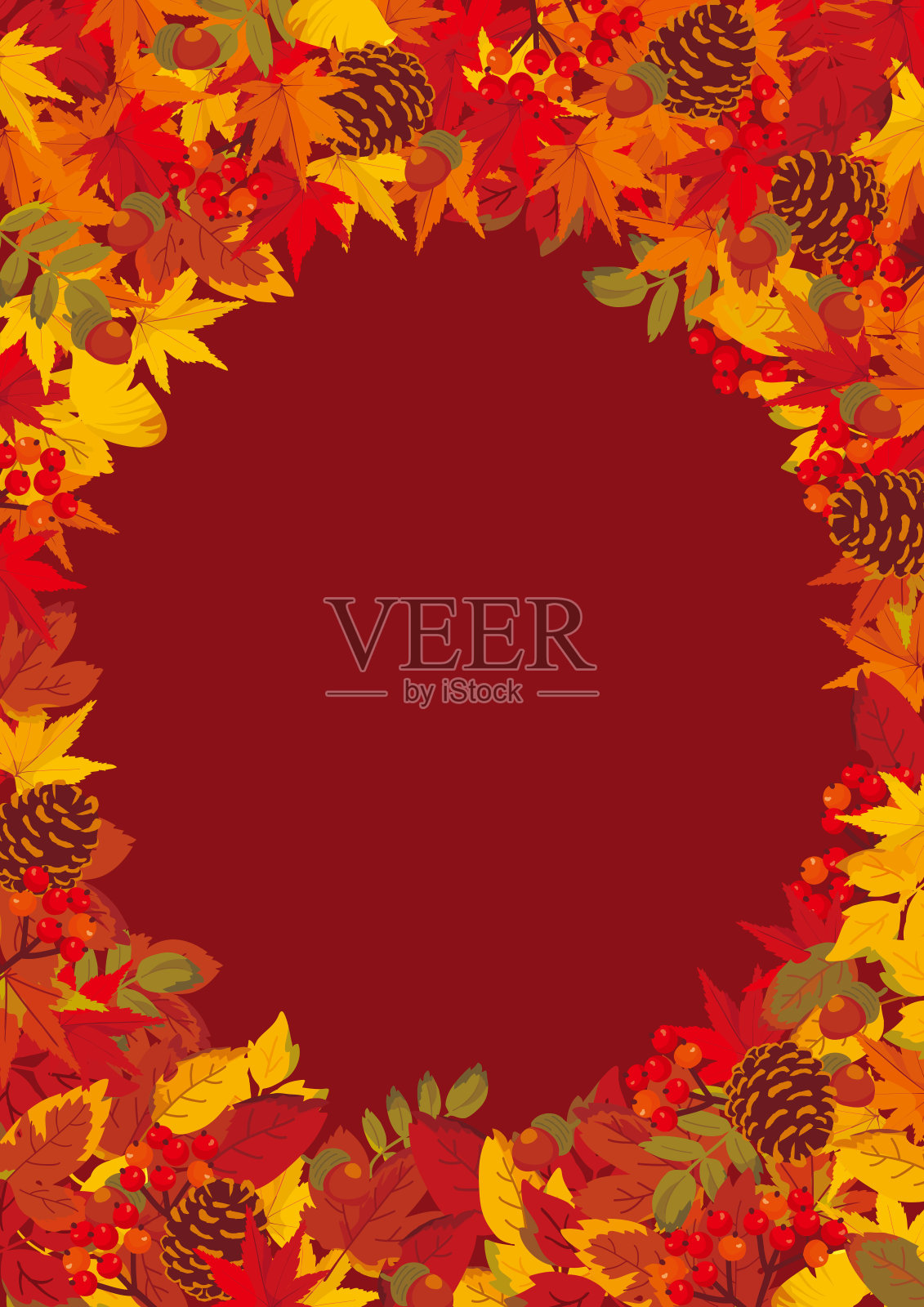 秋天树叶和坚果的背景矢量插图。插画图片素材