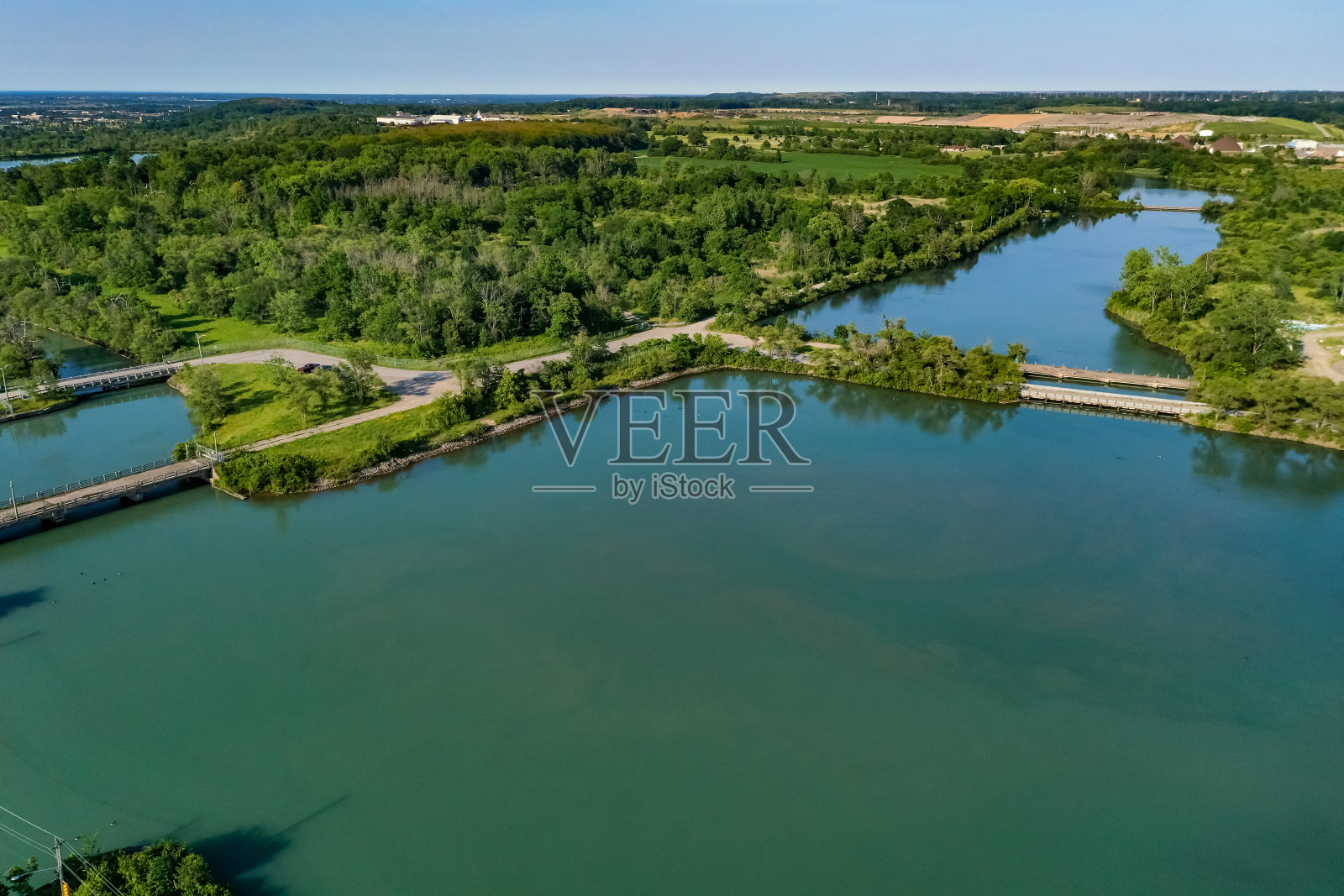 加拿大，圣凯瑟琳，阿兰堡，空中韦兰运河和双飞行锁照片摄影图片