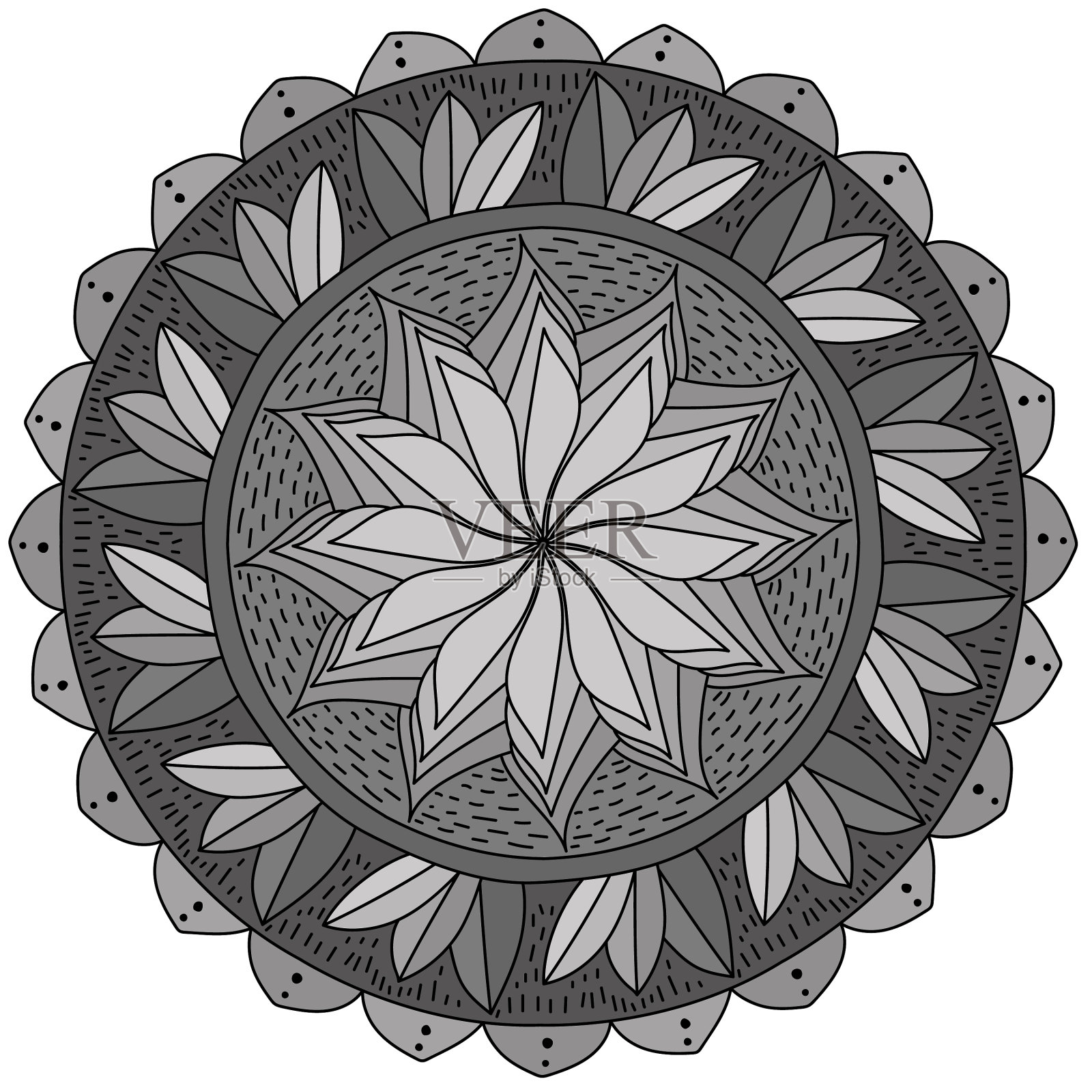 花的曼荼罗在深浅灰色的束插画图片素材