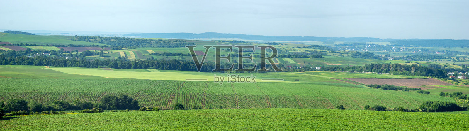 乌克兰夏天阳光明媚的一天，草地、田野和小镇罗哈廷的全景图照片摄影图片
