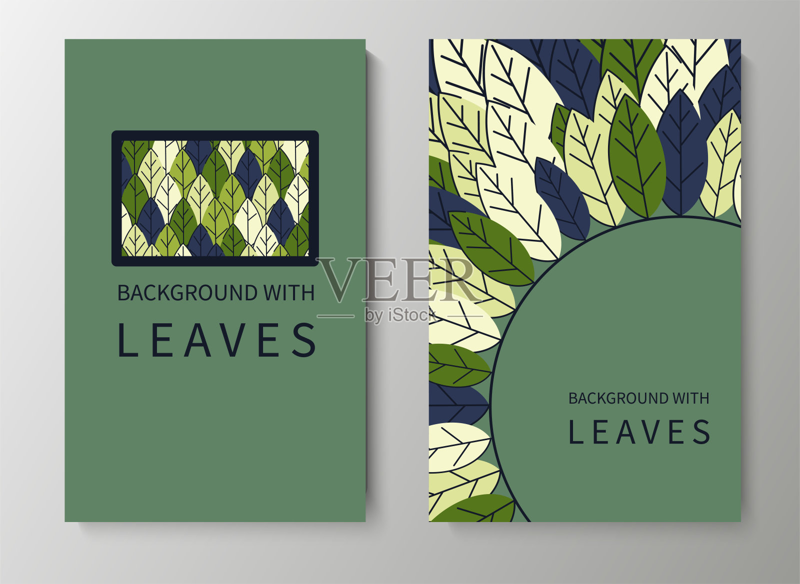 一套广告海报，邀请，卡片从彩色树叶。夏季背景销售，恭喜。几何平面设计。放置你的文本。向量插画图片素材