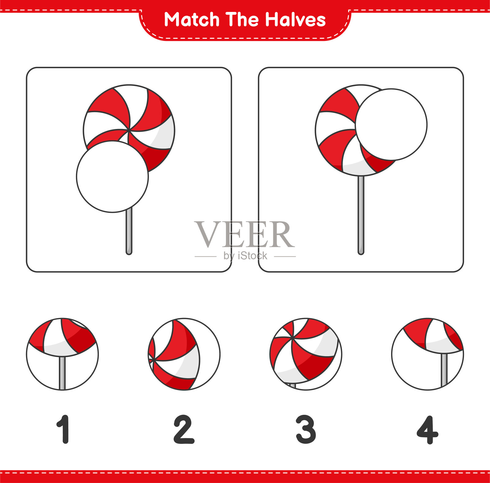 匹配的部分。匹配一半的糖果。教育儿童游戏，可打印的工作表，矢量插图插画图片素材